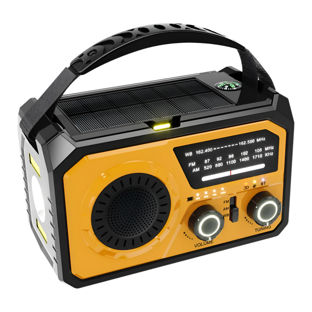 Draagbare weerradio in grijs met 16000mAh batterij, zonnepaneel en LED-zaklamp, perfect voor kamperen en noodsituaties.