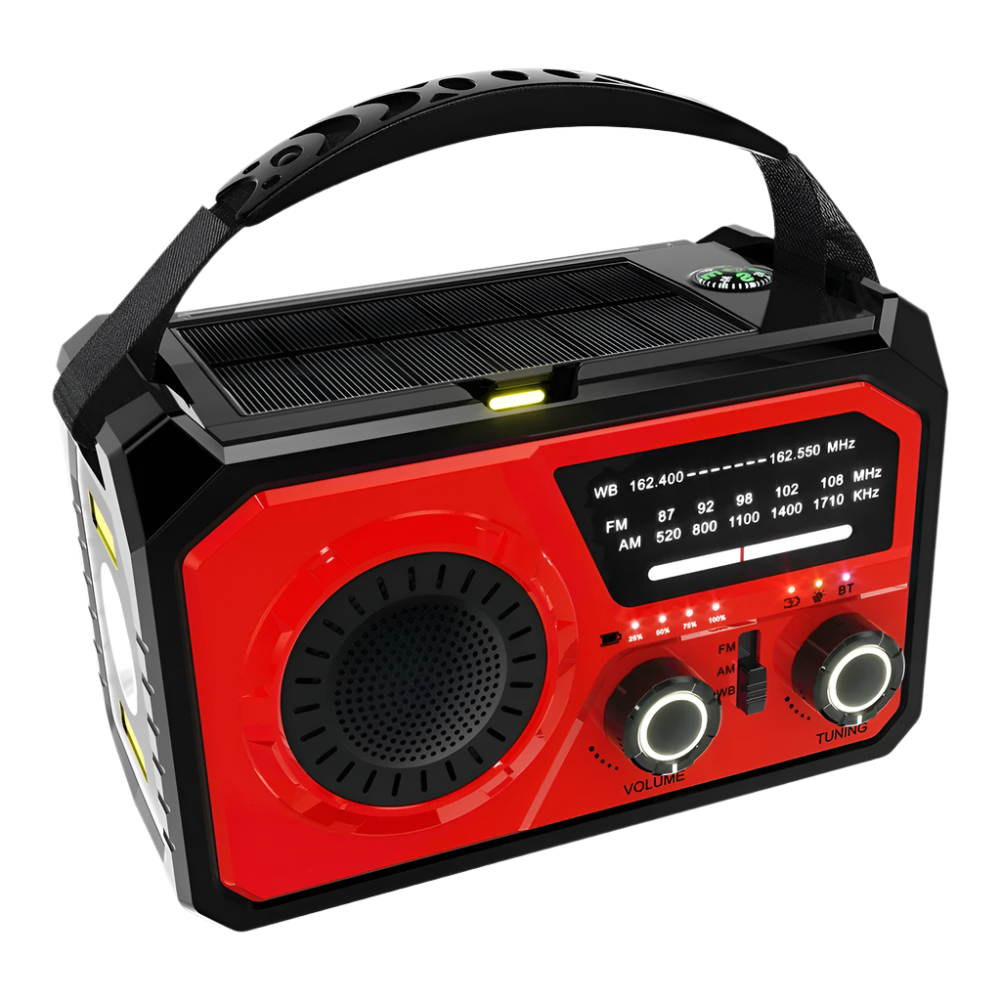 Draagbare weerradio in grijs met 16000mAh batterij, zonnepaneel en LED-zaklamp, perfect voor kamperen en noodsituaties.