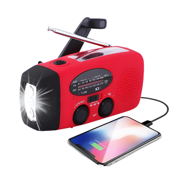 Radio met zaklamp en telefoon oplaadfunctie