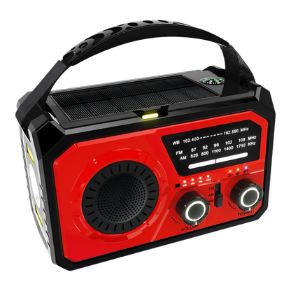 Draagbare noodradio in rood met 16000mAh batterij, zonnepaneel en LED-zaklamp, perfect voor kamperen en noodsituaties.