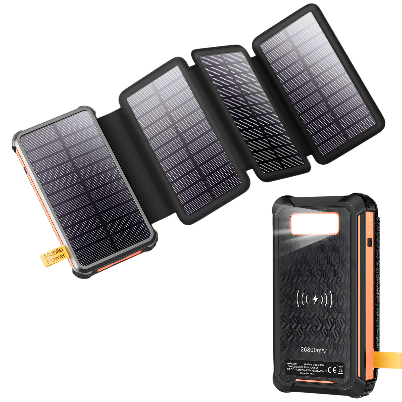 Solar Powerbank 26800 / 32000 mAh – 22.5W Snellader met 4 Opvouwbare Zonnepanelen, 15W Draadloos Opladen & Campinglamp