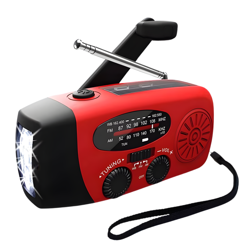 Noodradio rood die opwindbaar is en met een solar zonnepaneel werkt